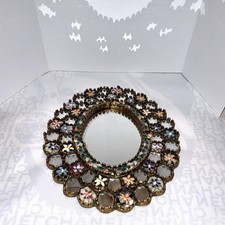 ✨FOLK ART Vintage Peruvian Reverse Painted Glass Round Mirror Cuzcaja Gold Gilt picture