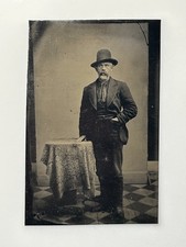 Antique 1800s Tintype Photo Bearded Man Top Hat Full Length Victorian Portrait picture