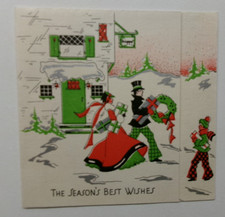 Vtg Christmas Card Fashionable Couple Boy Dog with Gifts & CHECKERED PANTS picture