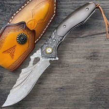 Damascus Steel Folding Knife – VG10 Core Blade – Ebony Handle – Pocket EDC Knife picture