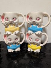 Lot of 4 Vintage Kitsch Ceramic Bunny Mugs Easter Anthropomorphic Overalls... picture
