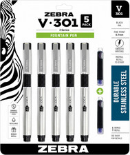 Zebra Pen V-301 Fountain Pen Fine 0.7mm Black Ink Stainless Steel 5 Pack Refill picture