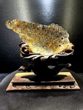 2.2lb Top Natural Clear Fire Quartz Hand Carved Crystal Fish Reiki Decor+stand picture