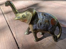 Vintage Solid Brass Painted Elephant Figurine Raised Trunk Lucky Elephant picture