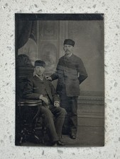 Antique 1800s Tintype Photo Two Victorian Men Matching Caps Studio Portrait picture