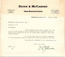 1918 Dunn & McCarthy Auburn NY Shoe Manufacturers Letter Ephemera picture