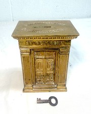 Rare Antique Sparekassen Denmark Brass Savings Building Still Coin Bank w/ key picture