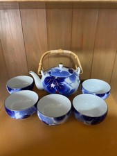 Fukagawa Seiji Blue Teapot & 5-Cup Tea Set Gold Leaf Japan Kitchenware picture