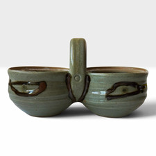 Vintage Studio Pottery Double Salt Cellar Condiment Bowl Handled Green Glaze picture