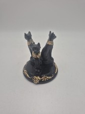 Vintage Egyptian Bastet Triple Cat Figurine Black Gold Tone Statue 2.75 Inch picture