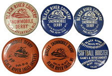 (6) VTG 1960s 70s Black River Falls Wi. Snowmobile Derby + Softball Buttons Pins picture