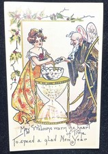 Postcard Repro New Year's Woman Serving Punch To Father Time  P93 picture