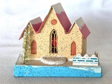 Charming Vintage CHRISTMAS Pink/Yellow PUTZ Cottage House, Japan, #8 picture