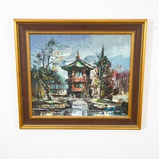 Mid Century Modern Oil Painting Original Art Landscape Tower Home Signed Asian picture