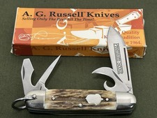 2004 A.G. Russell 4 Blade Premium Scout Knife India Stag Handles, 154CM Blade picture