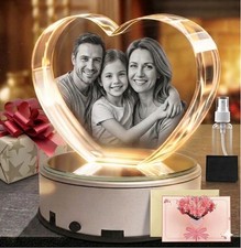 Large Heart 3D Crystal w/ Rotating LED Base, Custom Photo Gift for Mom，Memorial picture