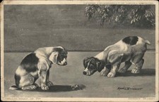 A/s Maude Scrivener Puppy Dogs with Scorpion Insect Antique Postcard picture