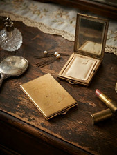 Vintage Gold Tone Rectangular Powder Compact Mirror Case Compact w/ Mirror picture