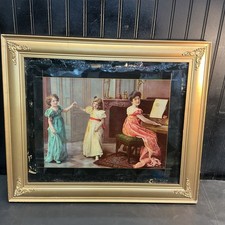 Vtg Antique Victorian Frame Ladies Piano Mom Girls Dancing Print In Wood Frame picture