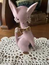 VTG Kitschy Anthropomorphic Pink Cat Rhinestones Bow Tie Porcelain Japan UCAGCO picture