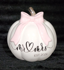 Mr. & Mrs. Est. 2026 Pumpkin White Pink Bow Silver Stem Black Script Bridal Fall picture