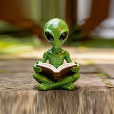 3D Alien Reading Book Statue Figurine Halloween Desk Office Figure Decorations picture
