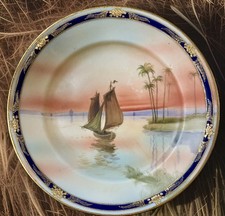 Antique Noritake Nippon Hand Painted Sailboat  Egyptian plate plaque 10” d picture