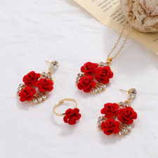 Women's Fashion Jewelry Set Red Roses Flower Gold Earrings Ring Necklace Suit picture