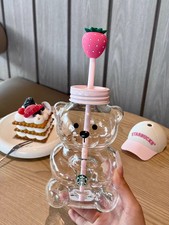 2026 New Starbucks Bearista Pink Bear Glass Tumbler Cold Cup Straw 20ozGift SET picture