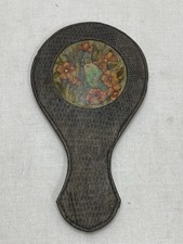Vintage 7” Faux Leather Material Handle Felt Rim Round Hand Held Mirror Bird picture