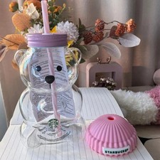 Starbucks Bearista Pink Bear Glass Tumbler Cold Cup Straw 20 oz 591 ml NIB 2026 picture