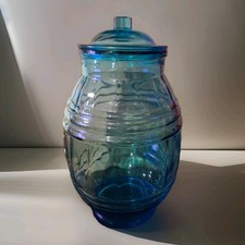 Vintage Large Blue Glass Pickle Jar Beehive Keg Barrel Style 12