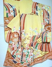 Japanese Kimono Pure Silk Yellow Furisode Sagara Embroidery Camellia Gold picture