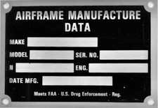 Airframe Manufacture Data Plate, FAA - U.S. Drug Enforcement Required  DPL-0121 picture