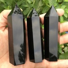 1Pcs Natural Black Obsidian Healing Obelisk Crystal Wand Reiki Tower Point Decor picture