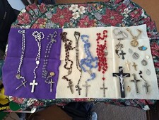 Catholic Vintage Grouping Of Long 9 Rosaries & Several Crosses & Medallions picture
