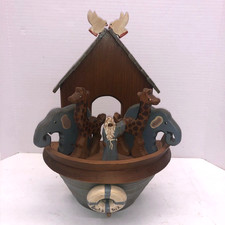 Vintage Noah’s Ark & Animals Figurines Wall Plaque Wooden Hand Carved Large picture