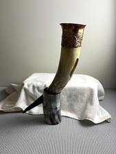 Viking Drinking Horn with Stand Natural Ox Horn Copper Wolf Norse Mead Mug LARP picture