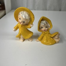 Vintage Pair of RARE Enesco Baby Toddlers in Yellow Rain Slickers Kid Figurines picture