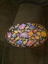 Vtg 70s Guangcai Canton Famille Noire  9x5 Serving Plate Rare FLOWERS Ding ❤️  picture