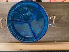 Vintage Blue Glass Divided Serving Dish with Silver Metal Pl picture