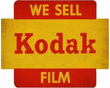 WE SELL KODAK FILM BRIGHT RED YELLOW HEAVY DUTY USA MADE METAL ADV AGED SIGN picture