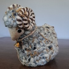 Primitive Folk Art Stuffed Wool Ram W/Brass Bell Shelf Sitter picture