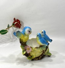 RARE Vintage Norcrest Japan Blue Birds Mama & Babies Nest Planter 5”x 5”x 4” EUC picture