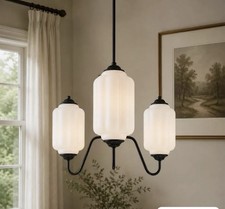 Vintage Milk Glass 3 Light Hanging Chandelier Hardwire- Black & Milky White picture