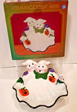 Vintage CIB Halloween Ceramic Ghost Faces Pumpkin Candy Dish Bowl 9x8x4 in Box picture