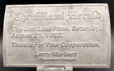 Miami Herald Last Lead Printing Plate Aug 21 1982 Press Artifact picture