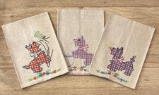 3 VTG Linen Kitchen Towels Blue Stripe Hand Embroidered Scottie Scottish Terrier picture