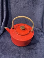 Copco Michael Lax Design 117 Tea Kettle Red Enamel W/Teak Wood Handle Vintage picture
