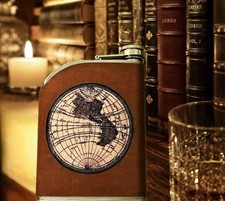 Steampunk Faux Leather Flask Vintage Old World Map Industrial Liquor Pocket RARE picture